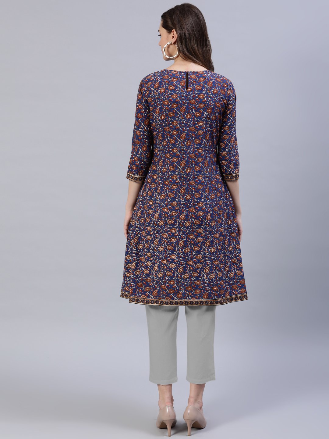 Women Blue Printed A-Line Pleated Kurta With Three Quarter Sleeves | LASVINI - Redefining Indian Fashion with Elegance