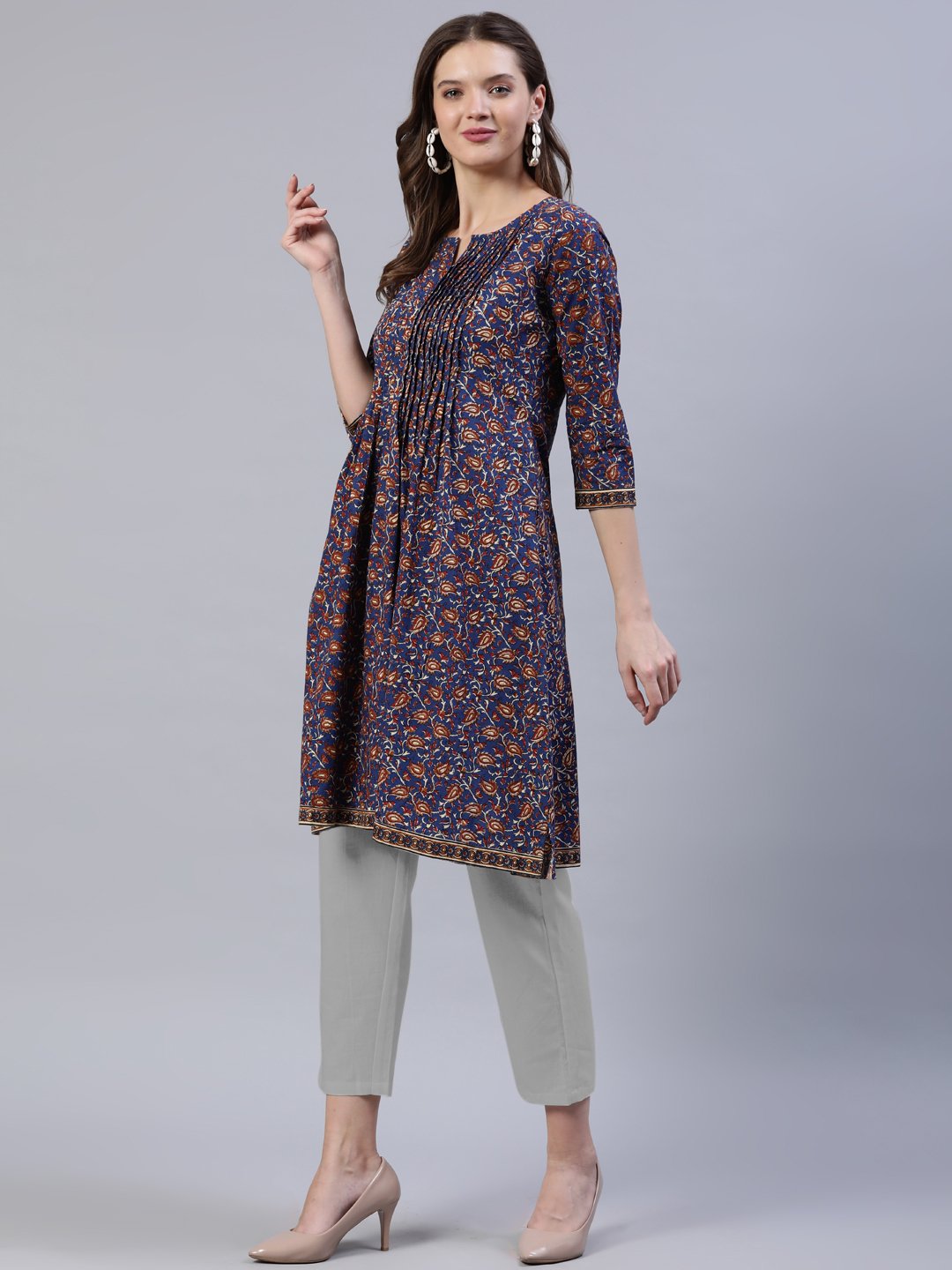 Women Blue Printed A-Line Pleated Kurta With Three Quarter Sleeves | LASVINI - Redefining Indian Fashion with Elegance