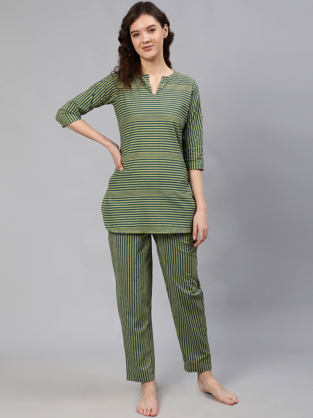 Women Green Striped Night Suit | LASVINI - Redefining Indian Fashion with Elegance