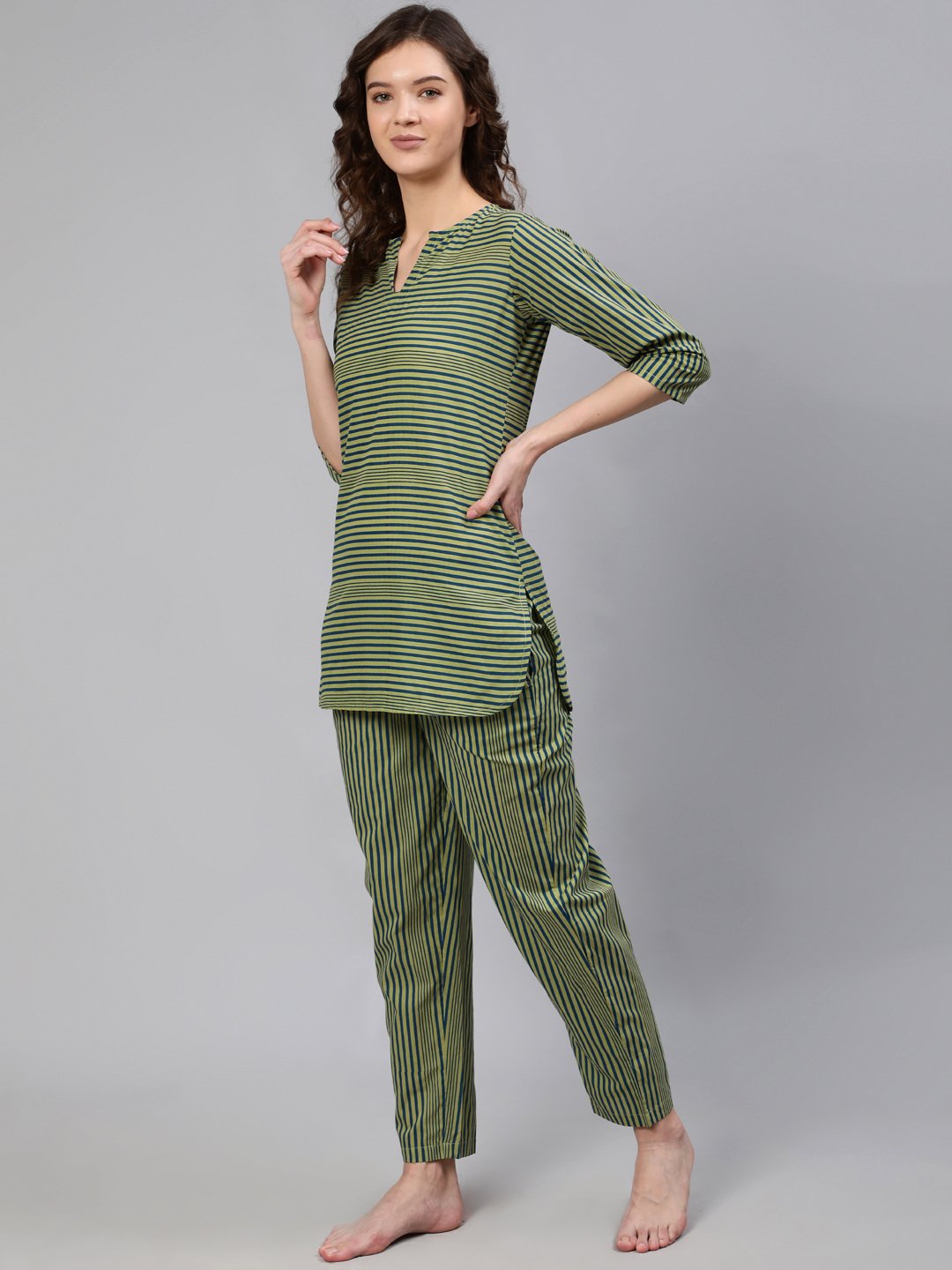 Women Green Striped Night Suit | LASVINI - Redefining Indian Fashion with Elegance