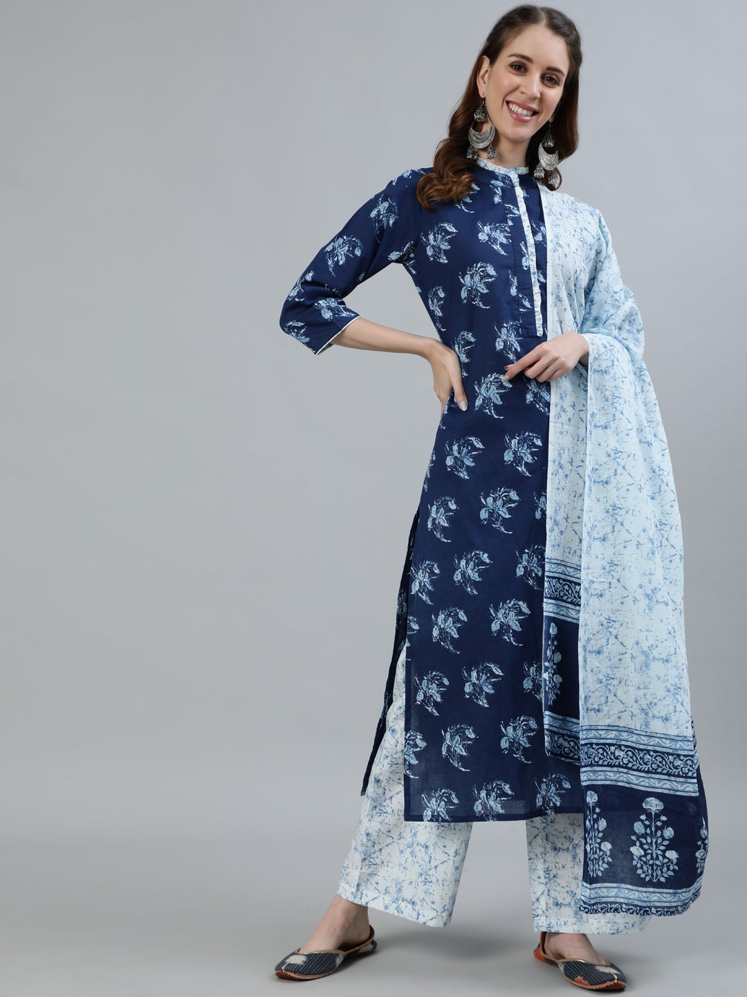 Women Indigo Blue Printed Straight Kurta With Plazo & Dupatta | LASVINI - Redefining Indian Fashion with Elegance