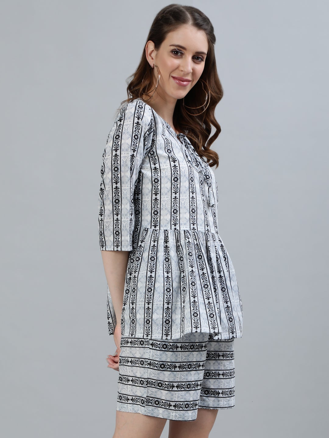 Women Off-White & Black Printed Night Suit | LASVINI - Redefining Indian Fashion with Elegance