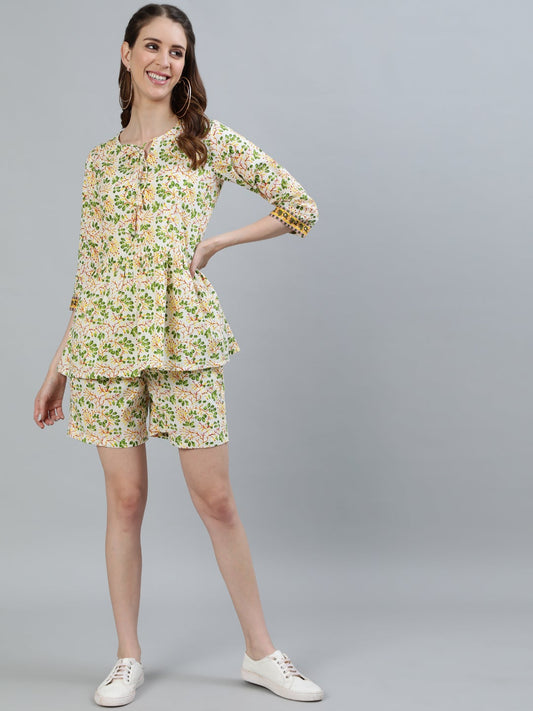 Women Yellow Floral Printed Night Suit | LASVINI - Redefining Indian Fashion with Elegance