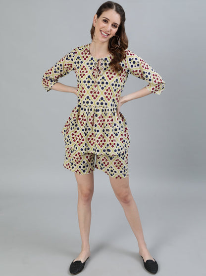 Women Cream Printed Night Suit | LASVINI - Redefining Indian Fashion with Elegance