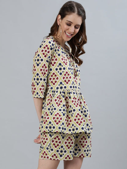 Women Cream Printed Night Suit | LASVINI - Redefining Indian Fashion with Elegance