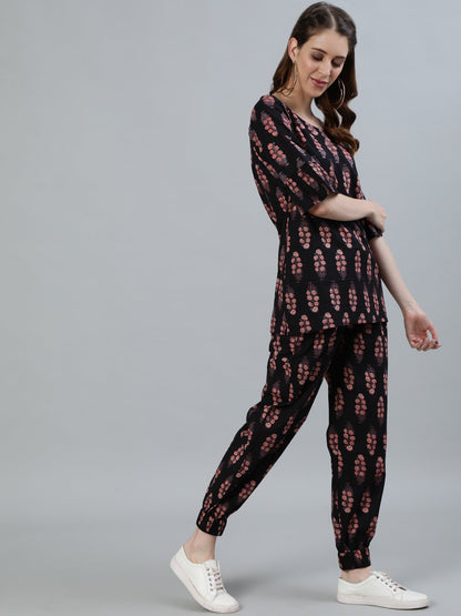 Women Black Printed Night Suit | LASVINI - Redefining Indian Fashion with Elegance
