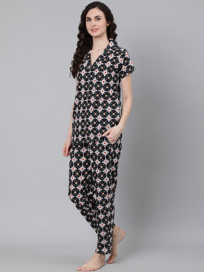 Women Navy Blue Printed Night Suit | LASVINI - Redefining Indian Fashion with Elegance