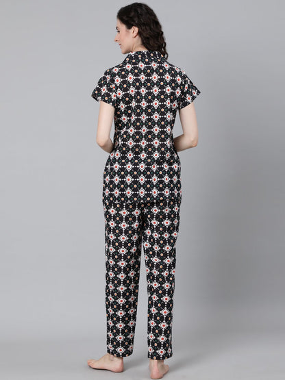 Women Navy Blue Printed Night Suit | LASVINI - Redefining Indian Fashion with Elegance