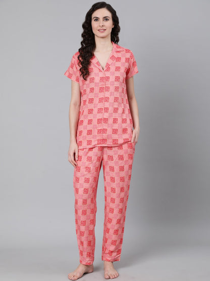 Women Pink Printed Night Suit | LASVINI - Redefining Indian Fashion with Elegance