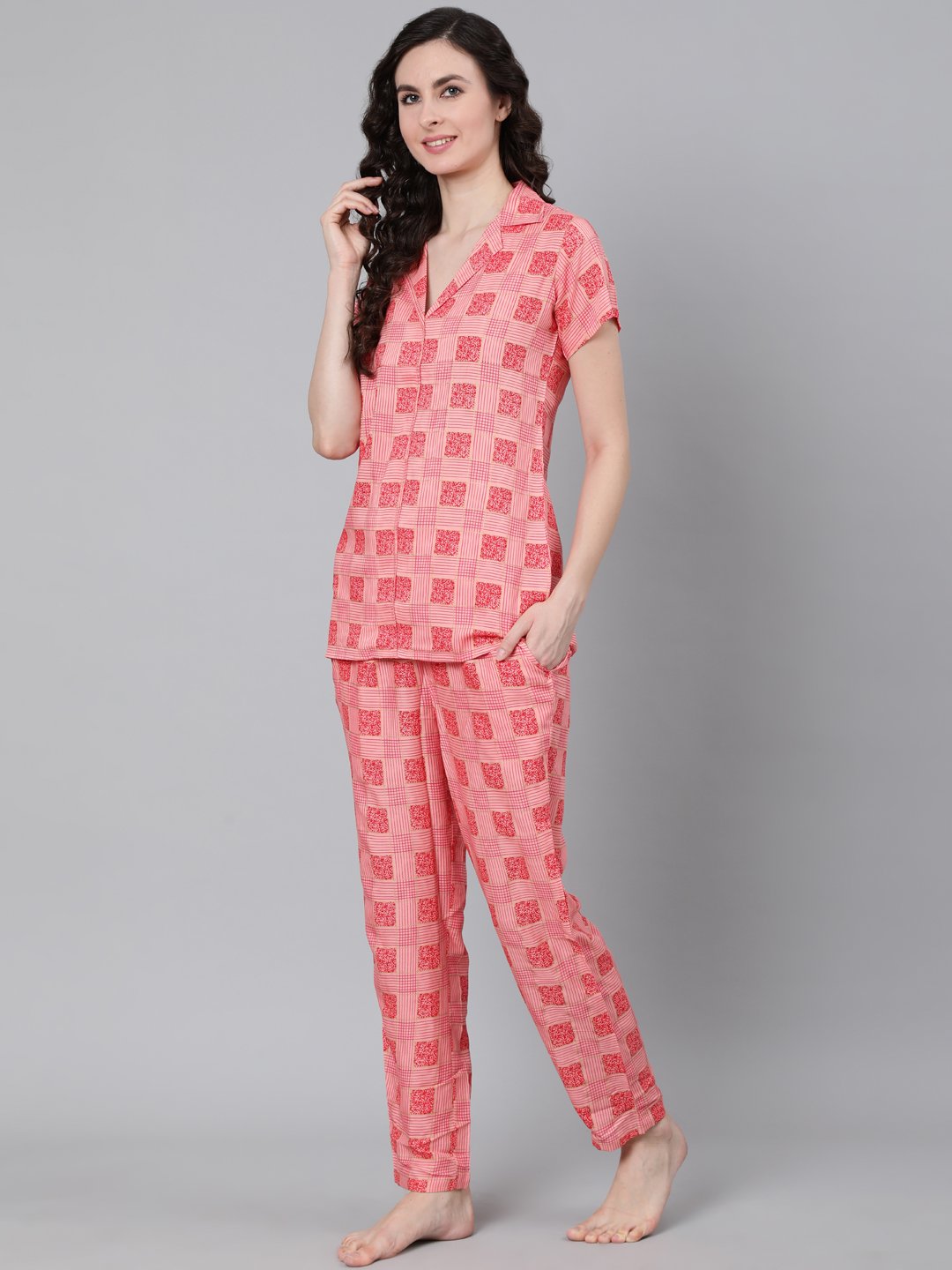 Women Pink Printed Night Suit | LASVINI - Redefining Indian Fashion with Elegance