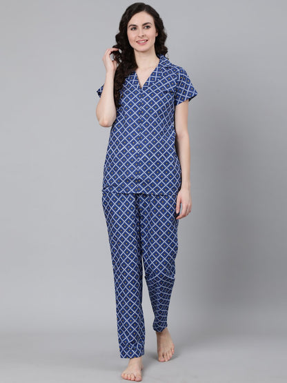 Women Blue Printed Night Suit | LASVINI - Redefining Indian Fashion with Elegance
