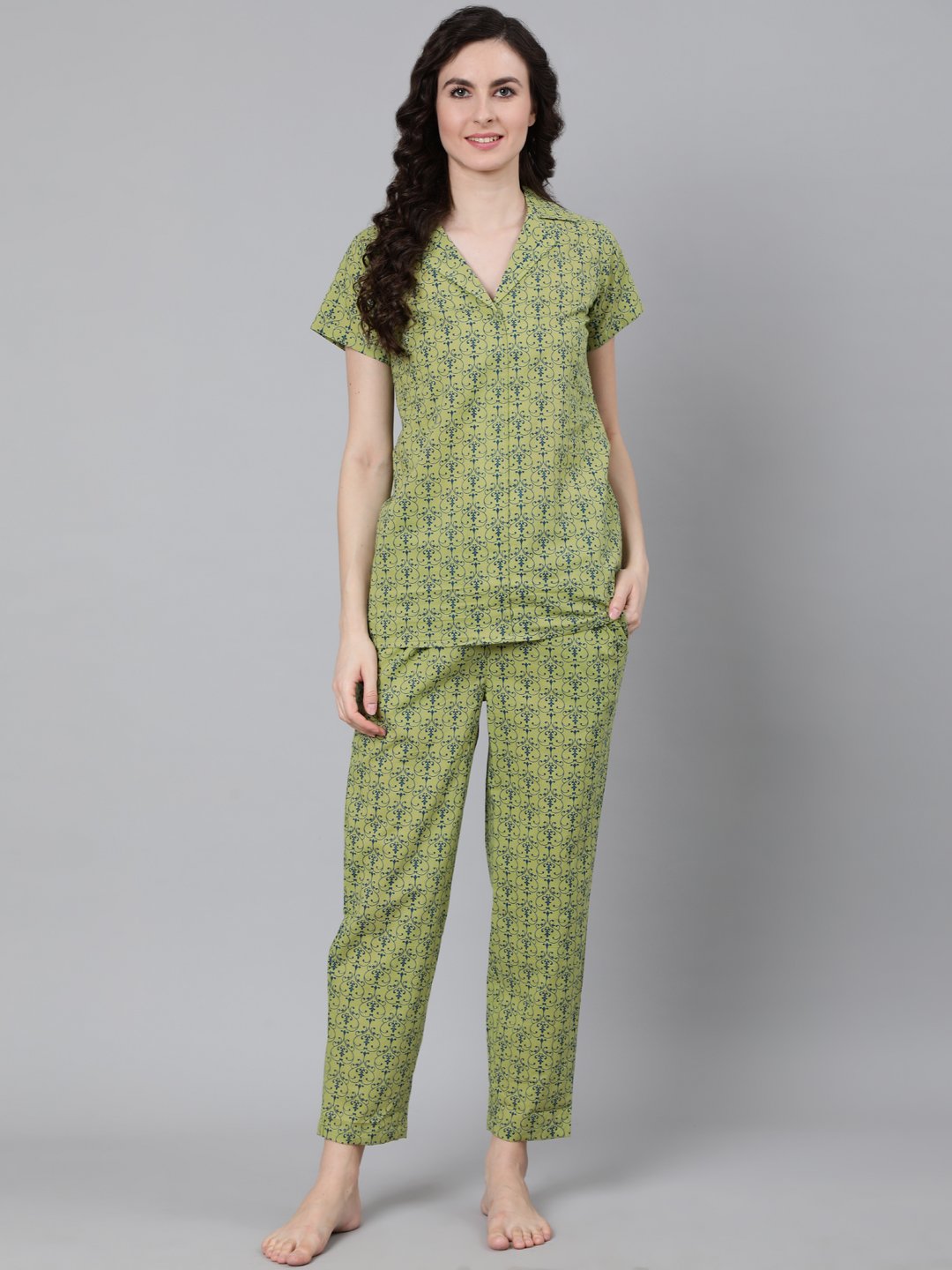 Women Green Printed Night Suit | LASVINI - Redefining Indian Fashion with Elegance