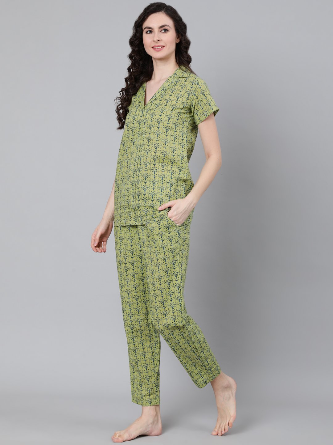 Women Green Printed Night Suit | LASVINI - Redefining Indian Fashion with Elegance