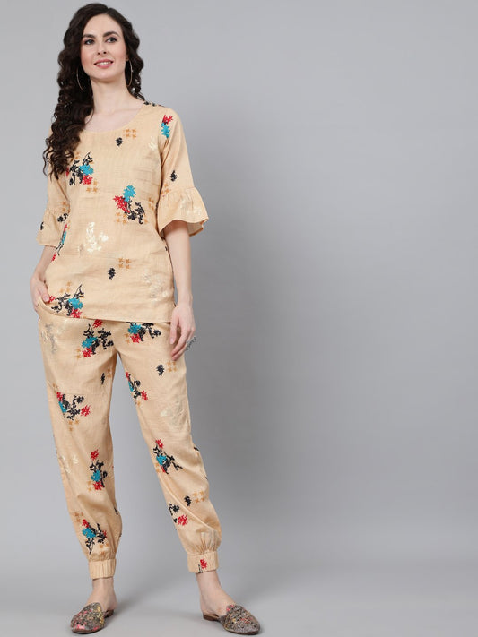 Women Cream Printed Night Suit | LASVINI - Redefining Indian Fashion with Elegance
