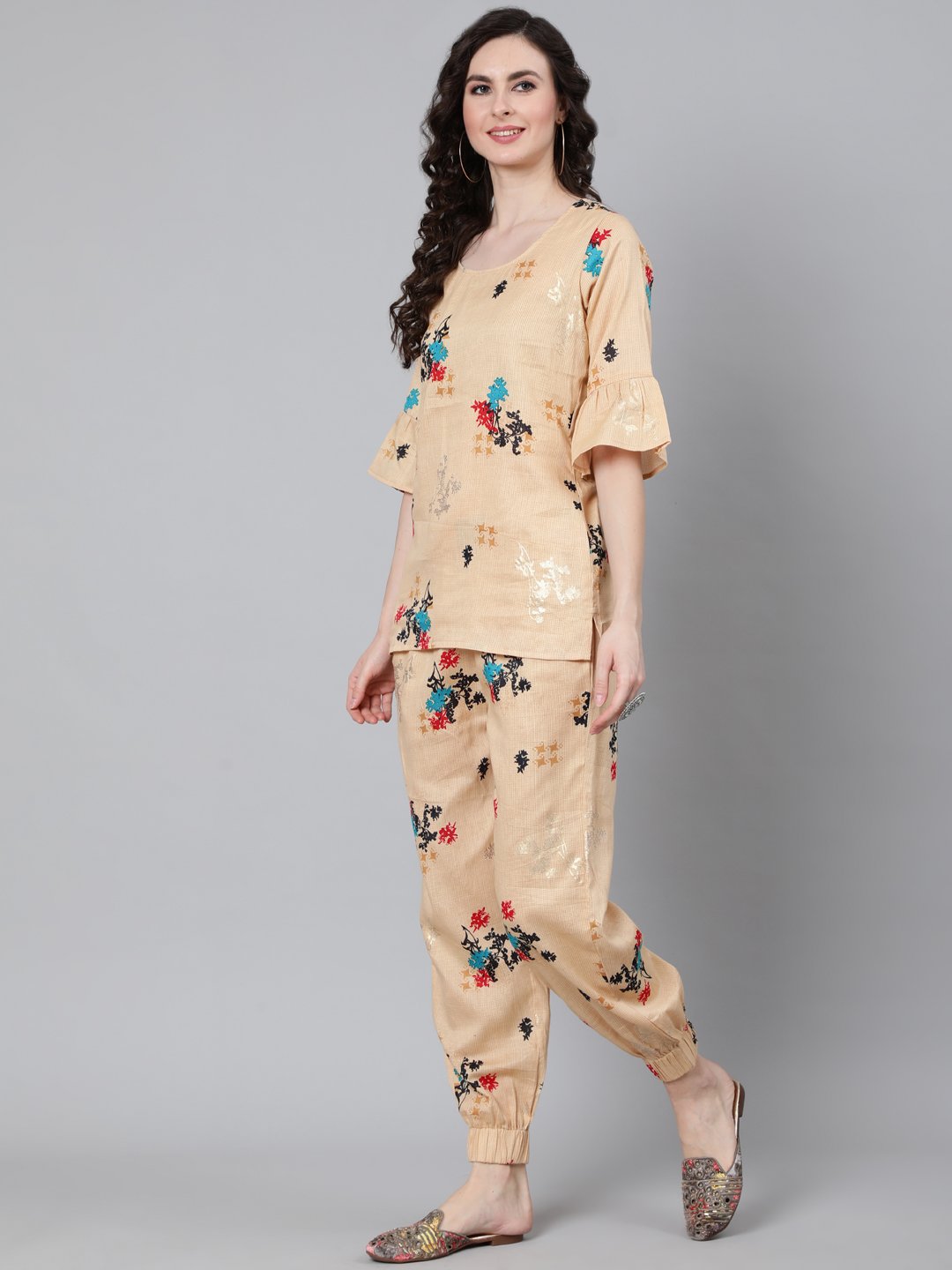 Women Cream Printed Night Suit | LASVINI - Redefining Indian Fashion with Elegance