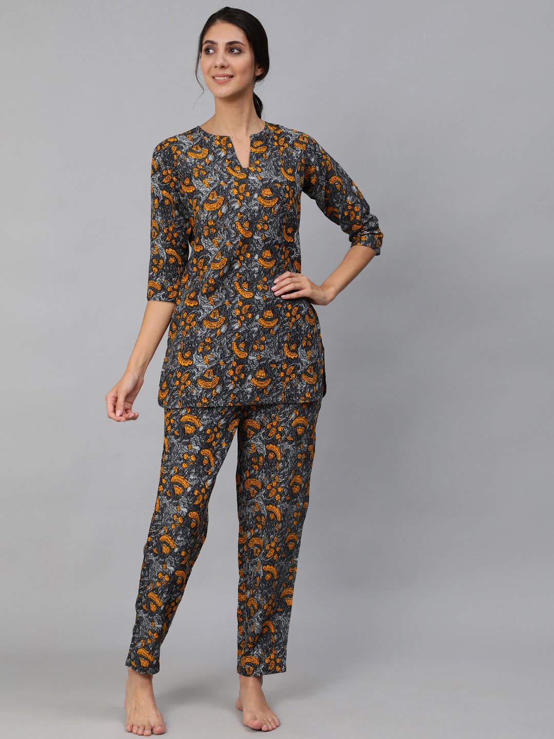 Women Grey Printed Night Suit Set | LASVINI - Redefining Indian Fashion with Elegance