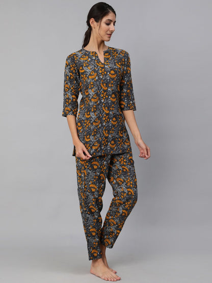 Women Grey Printed Night Suit Set | LASVINI - Redefining Indian Fashion with Elegance