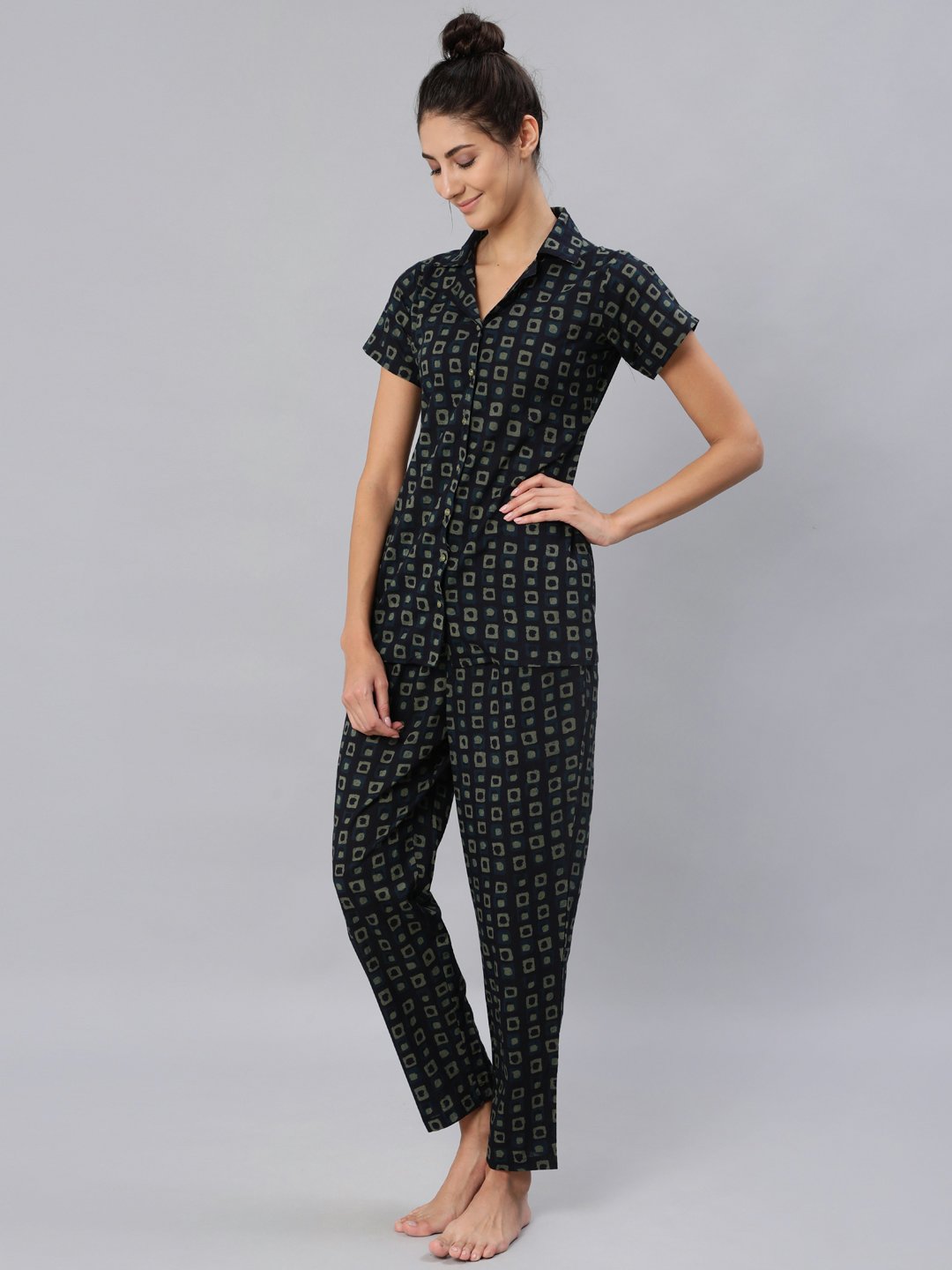 Women Dark Green Printed Night Suit Set | LASVINI - Redefining Indian Fashion with Elegance