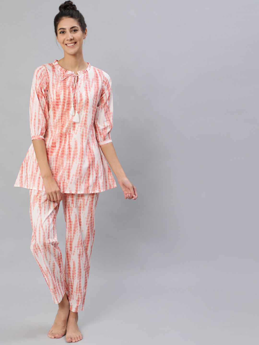 Women Peach Tie-Dye Printed Night Suit Set | LASVINI - Redefining Indian Fashion with Elegance