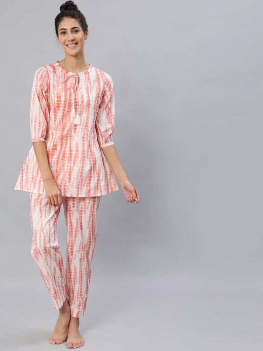 Women Peach Tie-Dye Printed Night Suit Set | LASVINI - Redefining Indian Fashion with Elegance