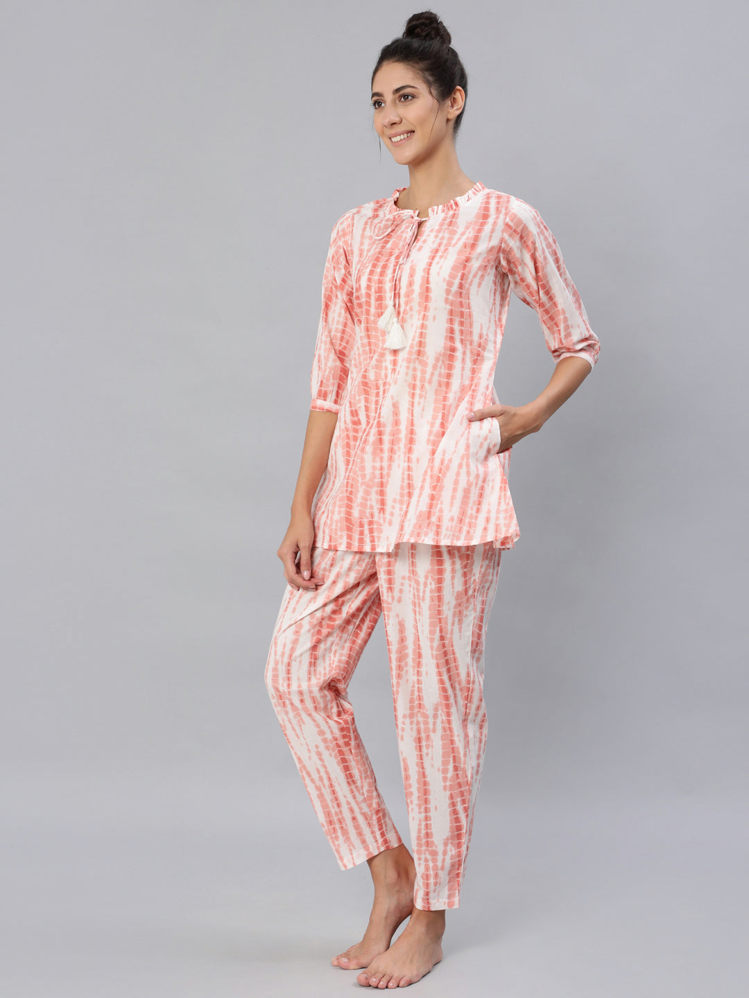 Women Peach Tie-Dye Printed Night Suit Set | LASVINI - Redefining Indian Fashion with Elegance