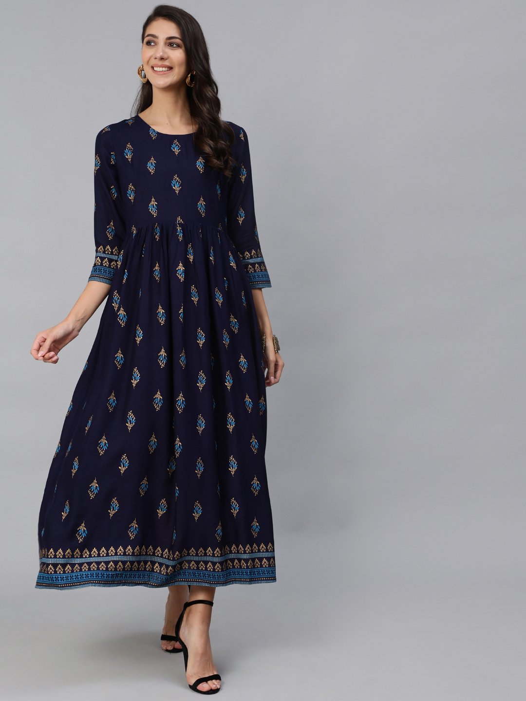 Women Navy Blue & Gold Printed Maxi Dress With Three Quarter Sleeves | LASVINI - Redefining Indian Fashion with Elegance