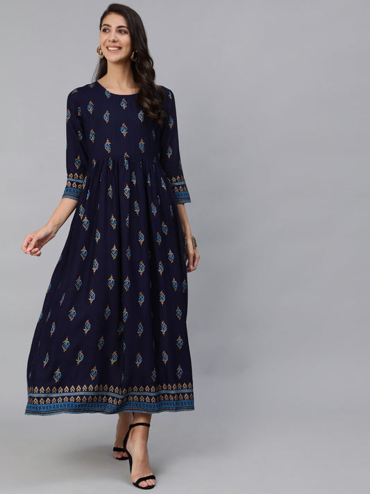 Women Navy Blue & Gold Printed Maxi Dress With Three Quarter Sleeves | LASVINI - Redefining Indian Fashion with Elegance