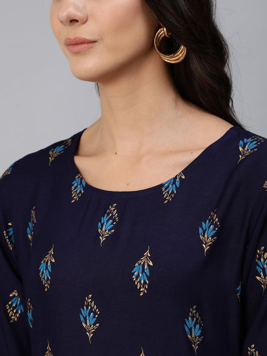 Women Navy Blue & Gold Printed Maxi Dress With Three Quarter Sleeves | LASVINI - Redefining Indian Fashion with Elegance