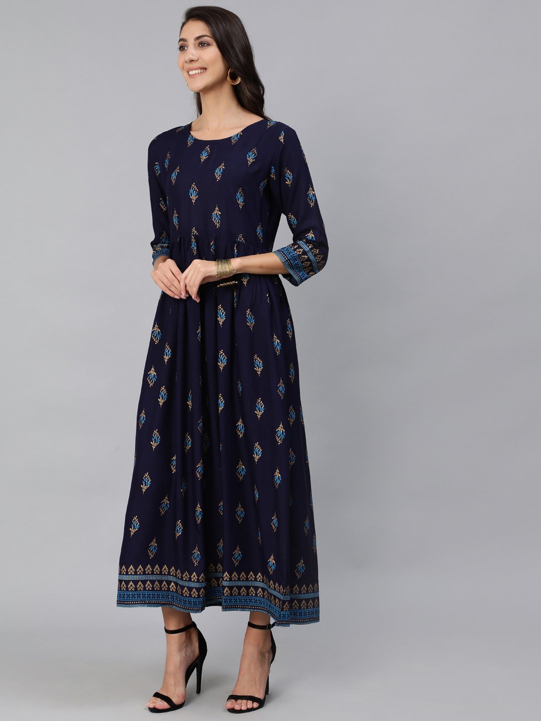 Women Navy Blue & Gold Printed Maxi Dress With Three Quarter Sleeves | LASVINI - Redefining Indian Fashion with Elegance