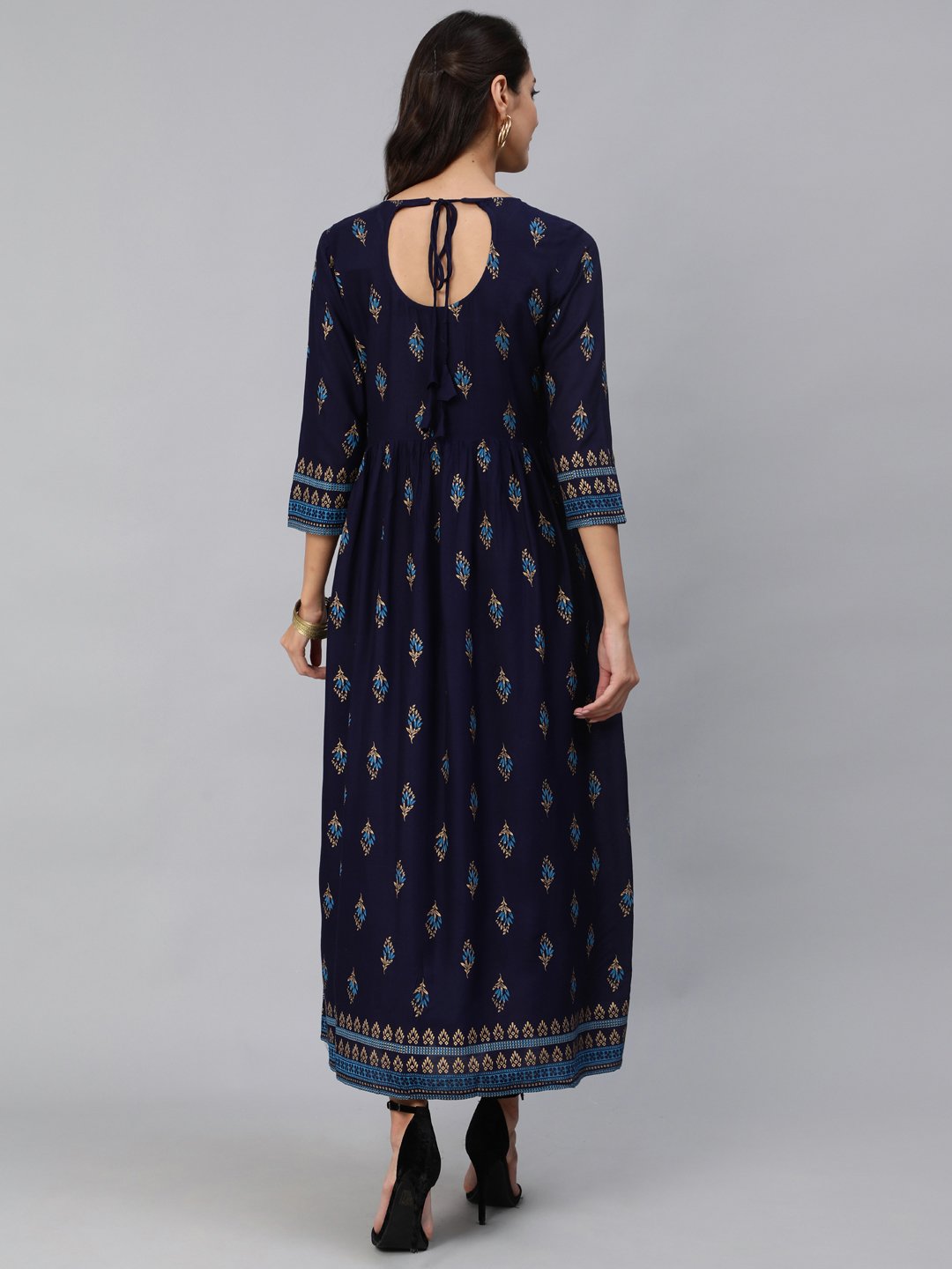 Women Navy Blue & Gold Printed Maxi Dress With Three Quarter Sleeves | LASVINI - Redefining Indian Fashion with Elegance
