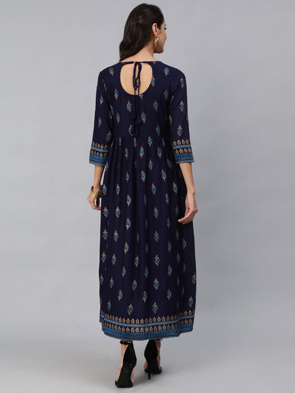 Women Navy Blue & Gold Printed Maxi Dress With Three Quarter Sleeves | LASVINI - Redefining Indian Fashion with Elegance