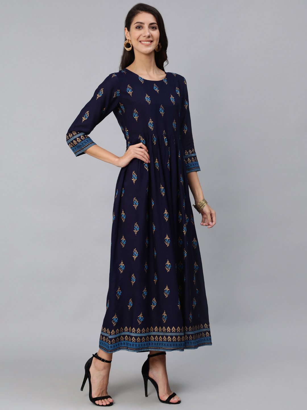 Women Navy Blue & Gold Printed Maxi Dress With Three Quarter Sleeves | LASVINI - Redefining Indian Fashion with Elegance