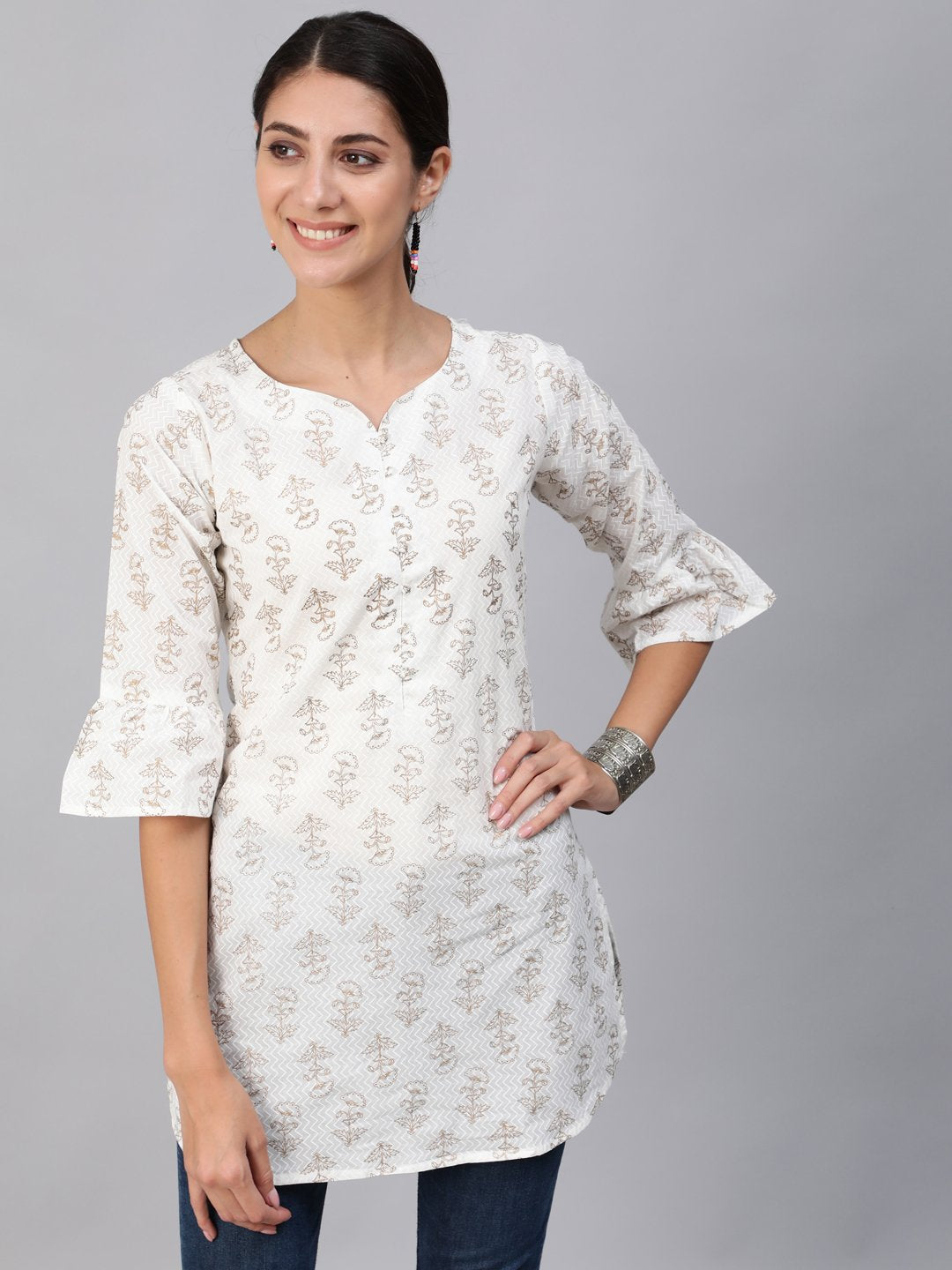 Women Off-White & Gold Printed Tunic With Three Quarter Sleeves | LASVINI - Redefining Indian Fashion with Elegance