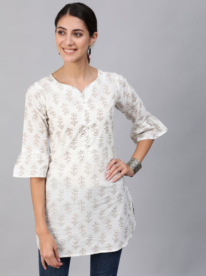 Women Off-White & Gold Printed Tunic With Three Quarter Sleeves | LASVINI - Redefining Indian Fashion with Elegance
