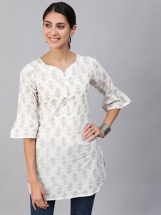 Women Off-White & Gold Printed Tunic With Three Quarter Sleeves | LASVINI - Redefining Indian Fashion with Elegance