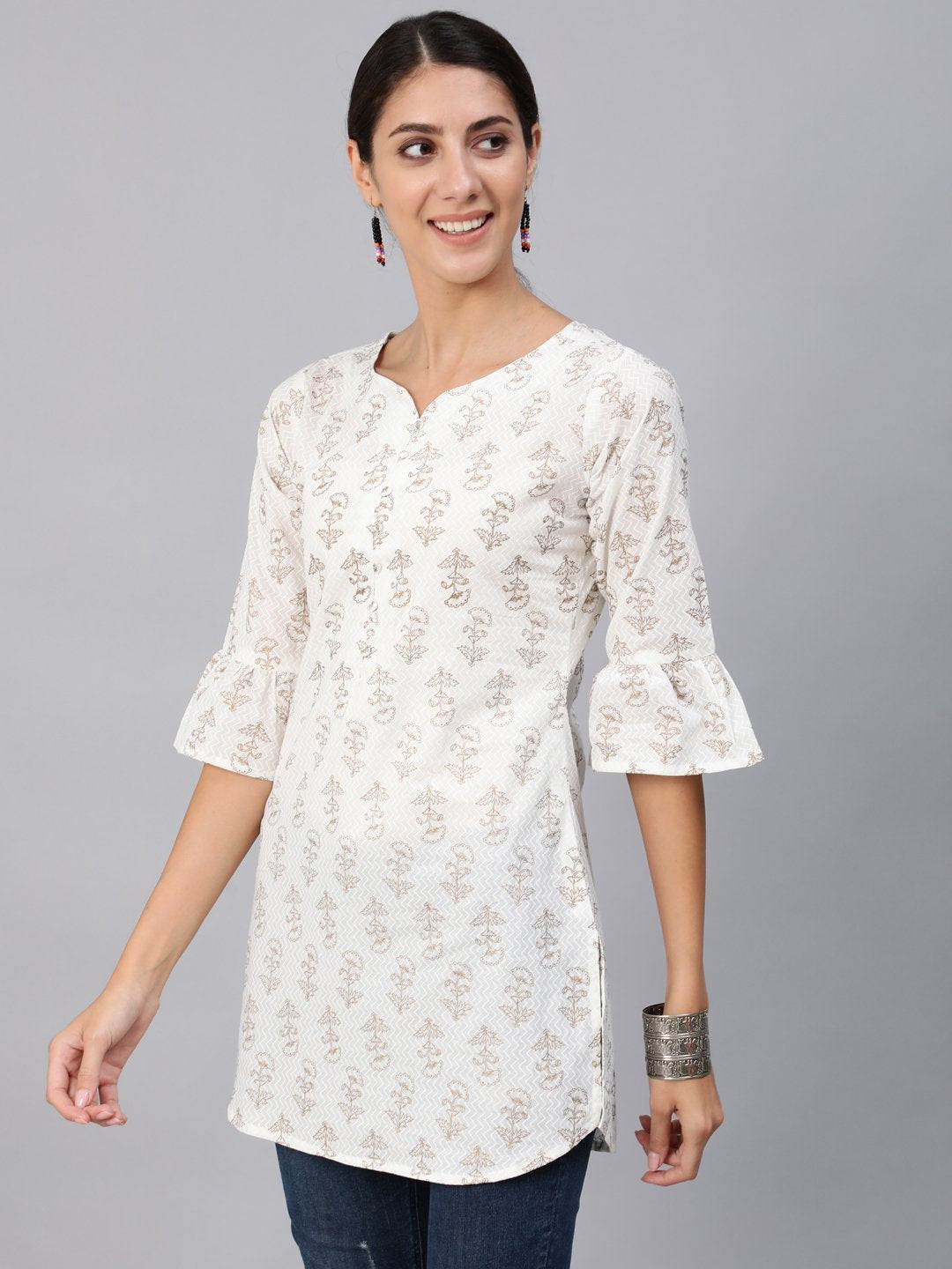 Women Off-White & Gold Printed Tunic With Three Quarter Sleeves | LASVINI - Redefining Indian Fashion with Elegance