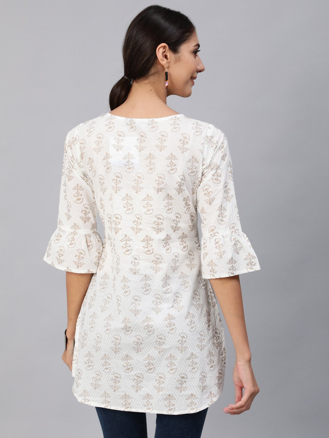 Women Off-White & Gold Printed Tunic With Three Quarter Sleeves | LASVINI - Redefining Indian Fashion with Elegance