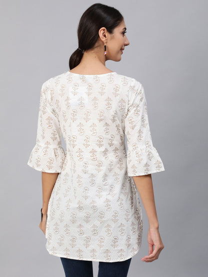 Women Off-White & Gold Printed Tunic With Three Quarter Sleeves | LASVINI - Redefining Indian Fashion with Elegance