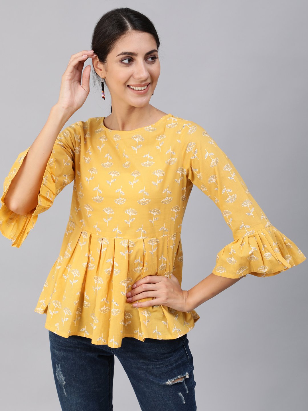 Women Yellow & Silver Printed Top With Three Quarter Flared Sleeves | LASVINI - Redefining Indian Fashion with Elegance