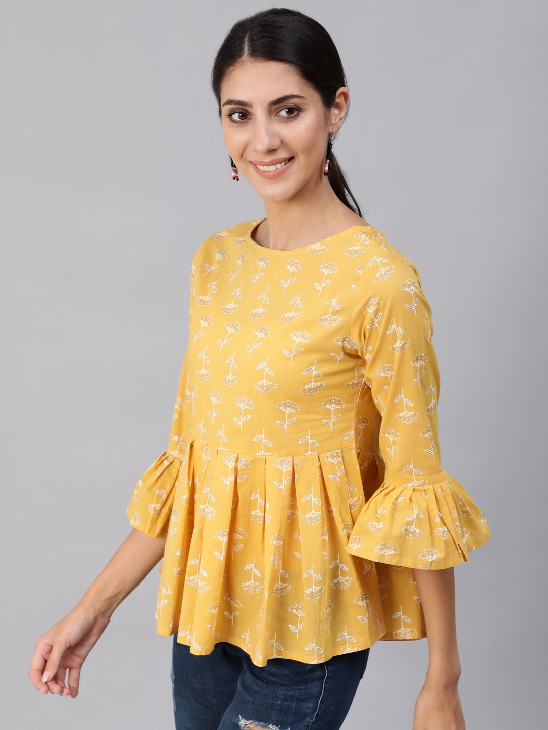 Women Yellow & Silver Printed Top With Three Quarter Flared Sleeves | LASVINI - Redefining Indian Fashion with Elegance