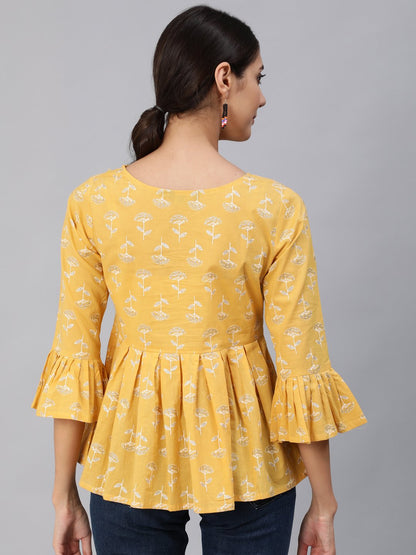 Women Yellow & Silver Printed Top With Three Quarter Flared Sleeves | LASVINI - Redefining Indian Fashion with Elegance