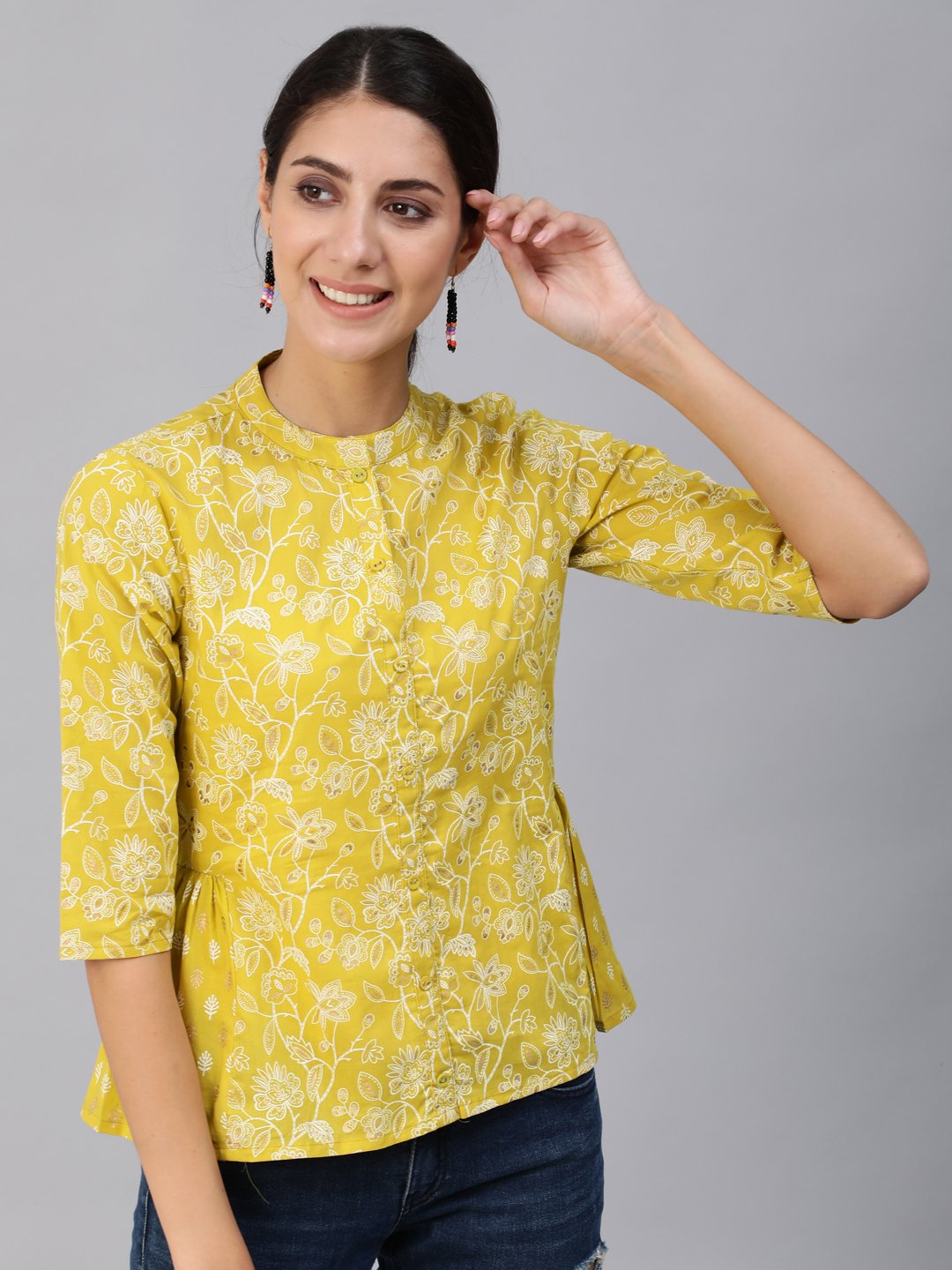 Women Green & Gold Printed Top With Three Quarter Flared Sleeves | LASVINI - Redefining Indian Fashion with Elegance