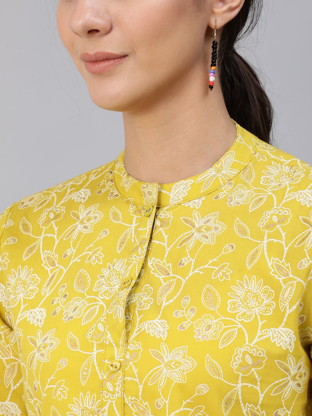 Women Green & Gold Printed Top With Three Quarter Flared Sleeves | LASVINI - Redefining Indian Fashion with Elegance