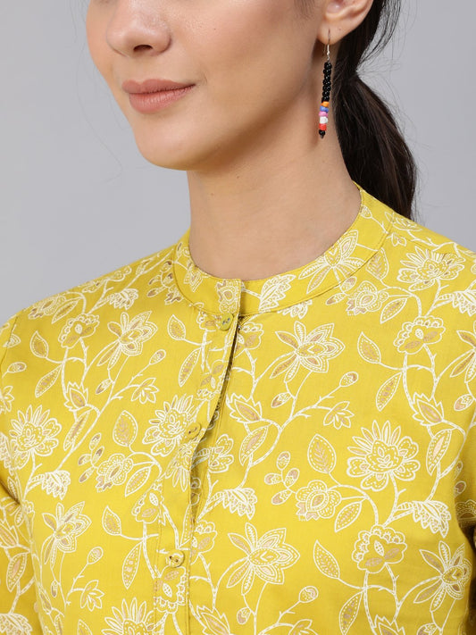 Women Green & Gold Printed Top With Three Quarter Flared Sleeves | LASVINI - Redefining Indian Fashion with Elegance