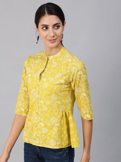 Women Green & Gold Printed Top With Three Quarter Flared Sleeves | LASVINI - Redefining Indian Fashion with Elegance