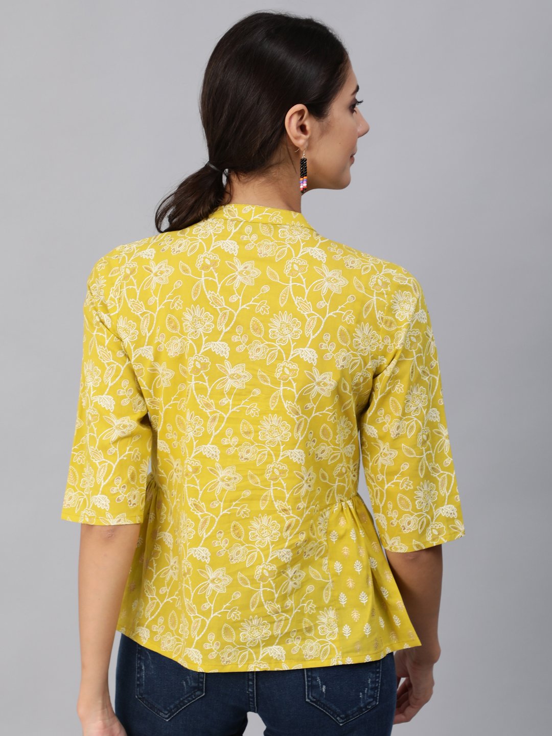 Women Green & Gold Printed Top With Three Quarter Flared Sleeves | LASVINI - Redefining Indian Fashion with Elegance