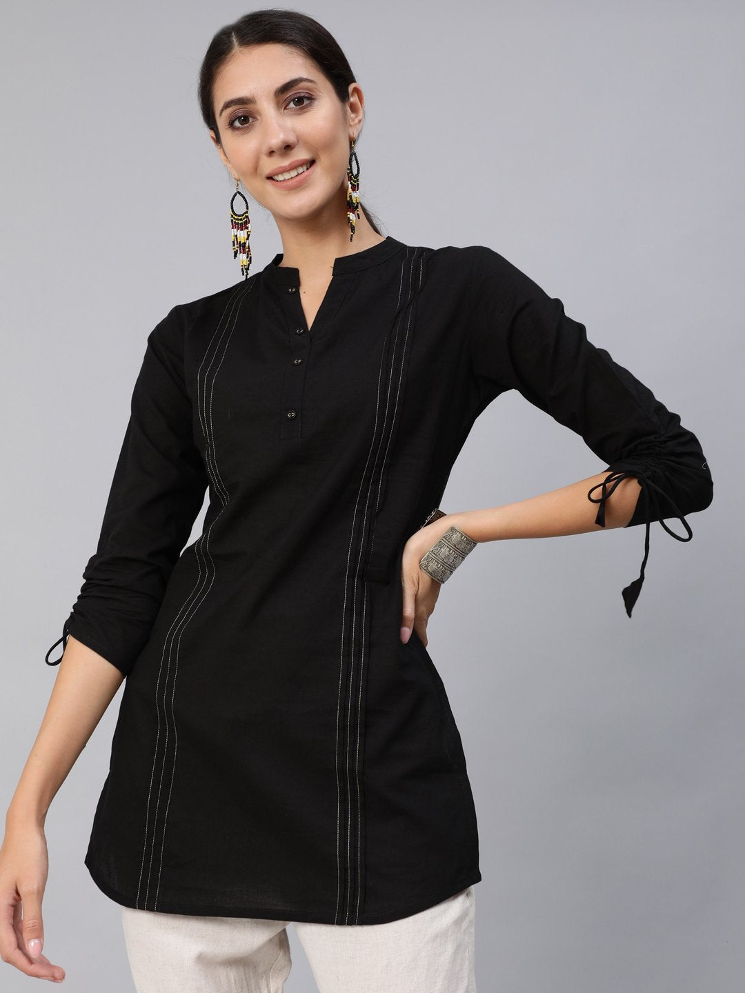 Women Black Pleated Tunic With Three Quarter Sleeves | LASVINI - Redefining Indian Fashion with Elegance