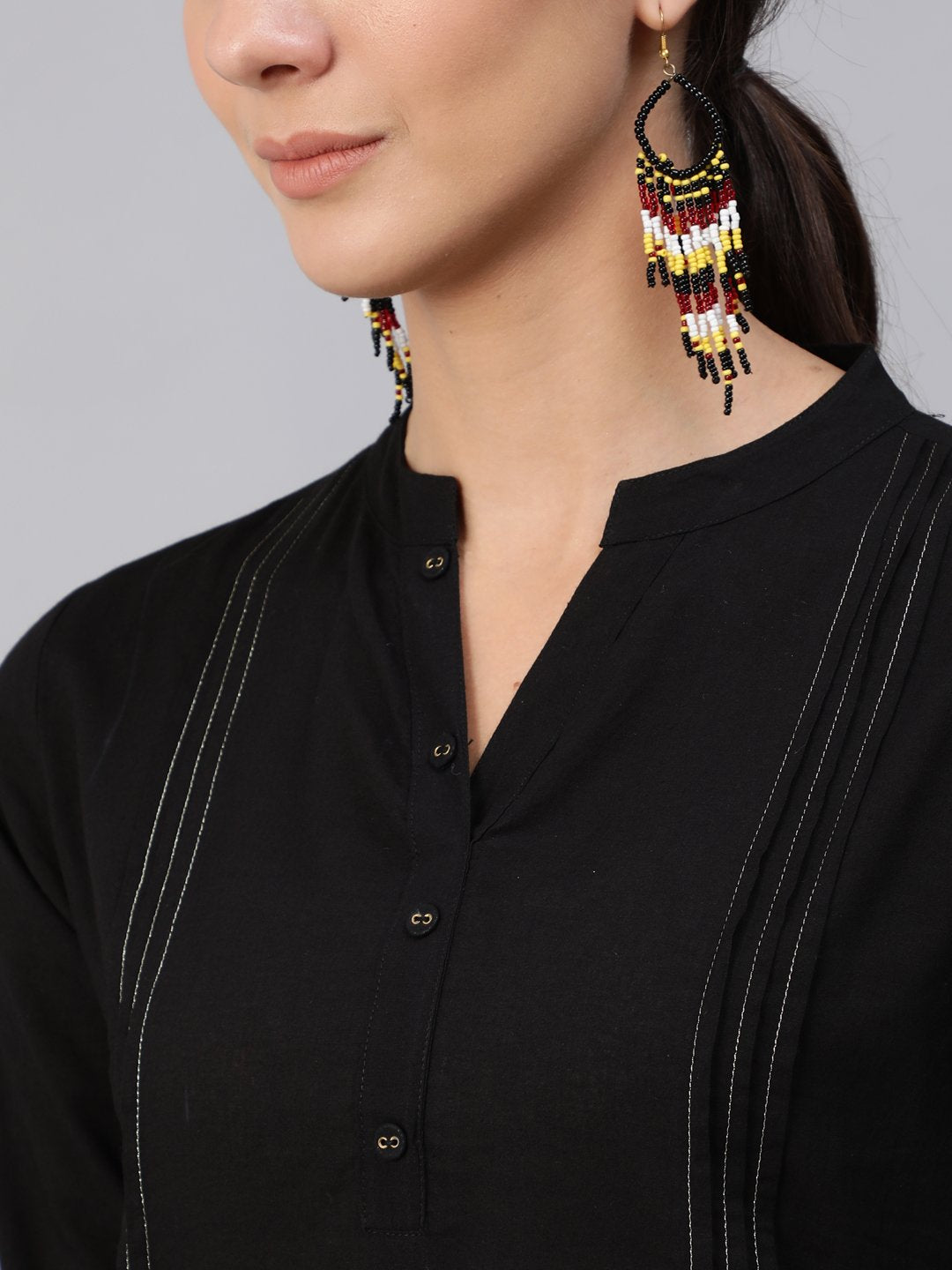 Women Black Pleated Tunic With Three Quarter Sleeves | LASVINI - Redefining Indian Fashion with Elegance