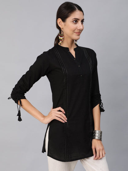 Women Black Pleated Tunic With Three Quarter Sleeves | LASVINI - Redefining Indian Fashion with Elegance