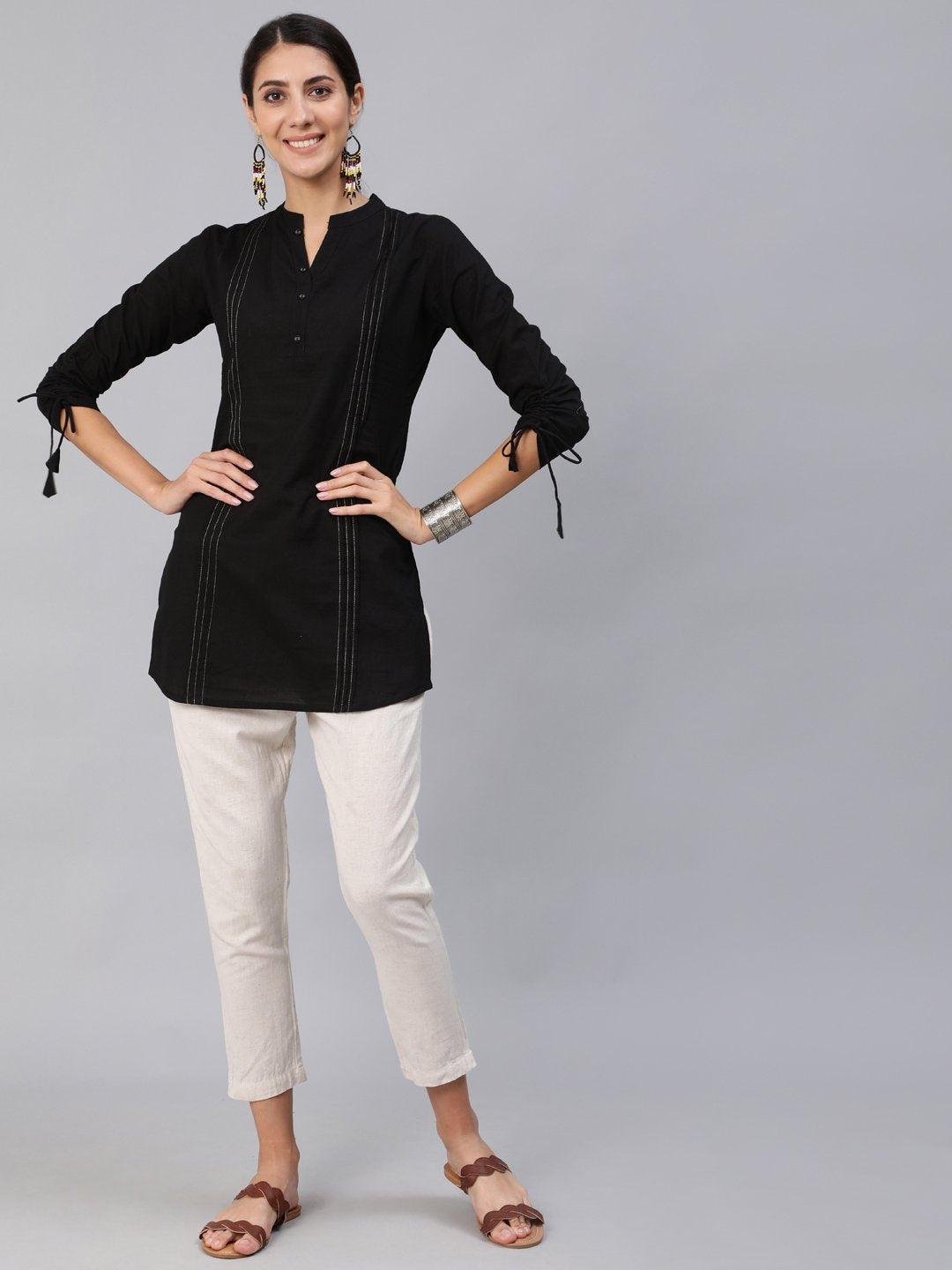Women Black Pleated Tunic With Three Quarter Sleeves | LASVINI - Redefining Indian Fashion with Elegance